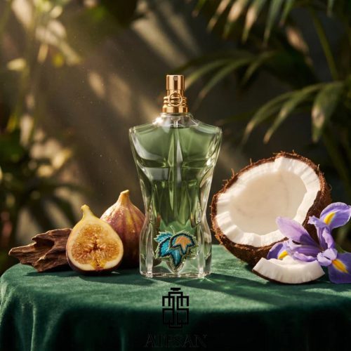 عطر مردانه پارادایس گاردن در کنار برگ انجیر و نارگیل
