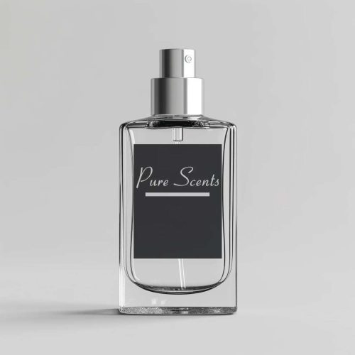 بطری مینیمال و شفاف عطر دست ساز Pure Scents با لیبل مشکی و درب نقره‌ای روی پس‌زمینه طوسی خنثی