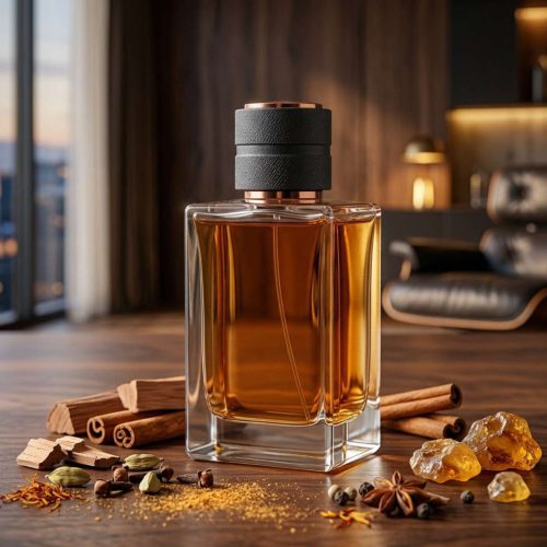 بطری عطر کهربایی روی میز چوبی با دارچین و ادویه.