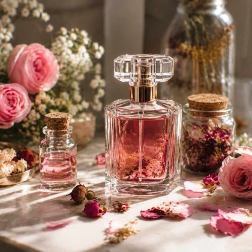 عطر زنانه دست‌ساز طبیعی در کنار گل‌های خشک و گلبرگ‌های رز