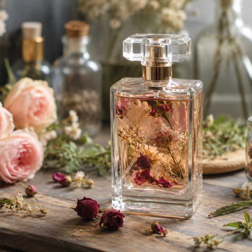 عطر زنانه دست‌ساز لوکس با گل رز صورتی و گل‌های خشک