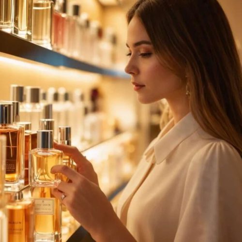 بانویی در حال تست و انتخاب عطر دست ساز زنانه از میان شیشه‌های عطرسازی در فروشگاه لوکس