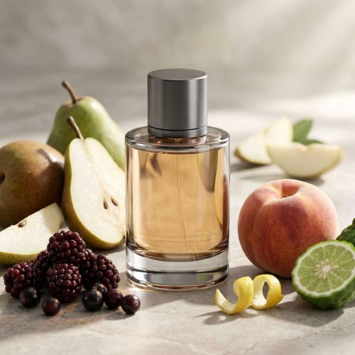 عطر مردانه شیرین و خنک با شیشه استوانهای ساده روی سطح سنگی، تزیین شده با گلابی تازه، تمشک و پوست لیمو.